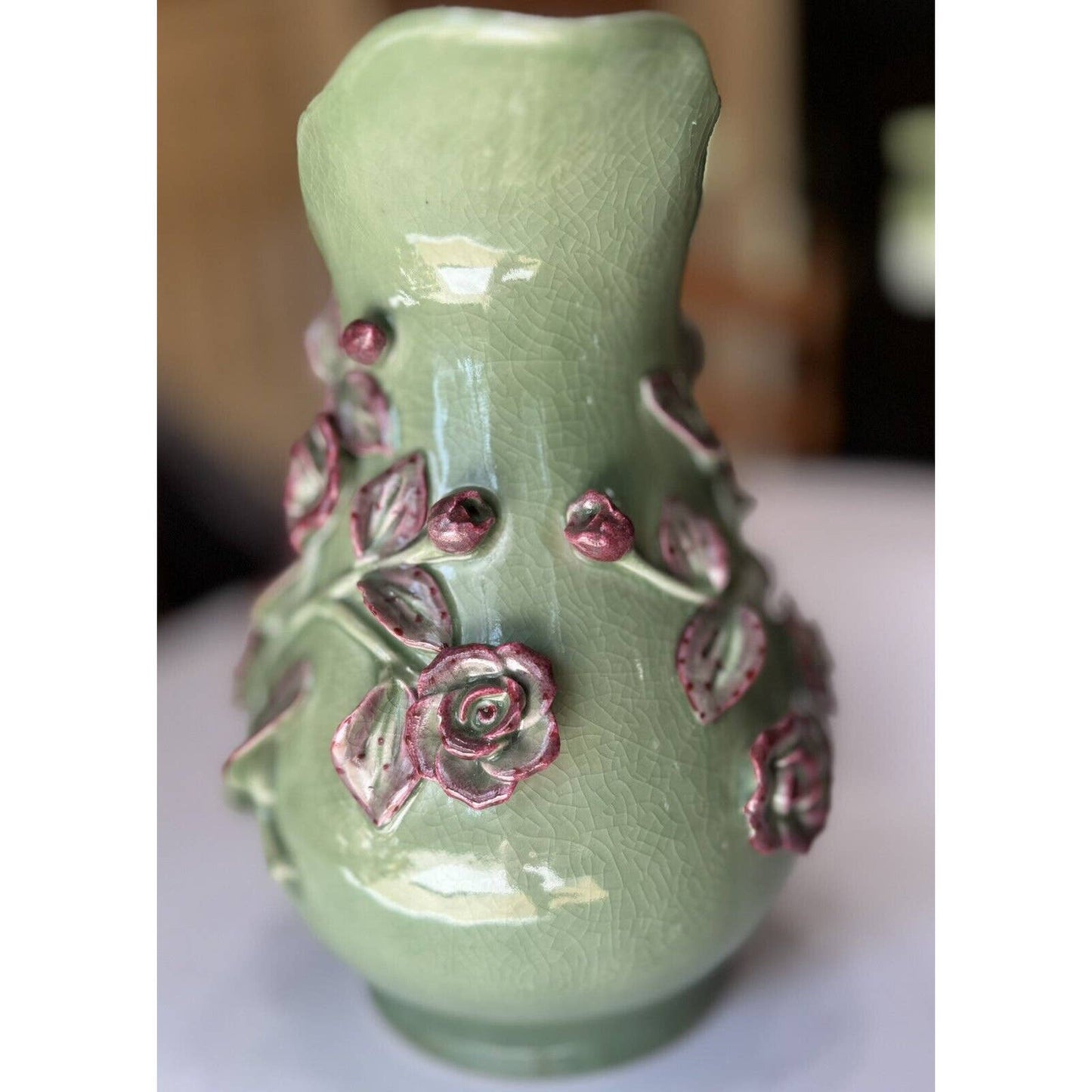 UnknownLarge Crackle Glazed Ceramic Green And Pink Floral Decorative Pitcher - Black Dog Vintage