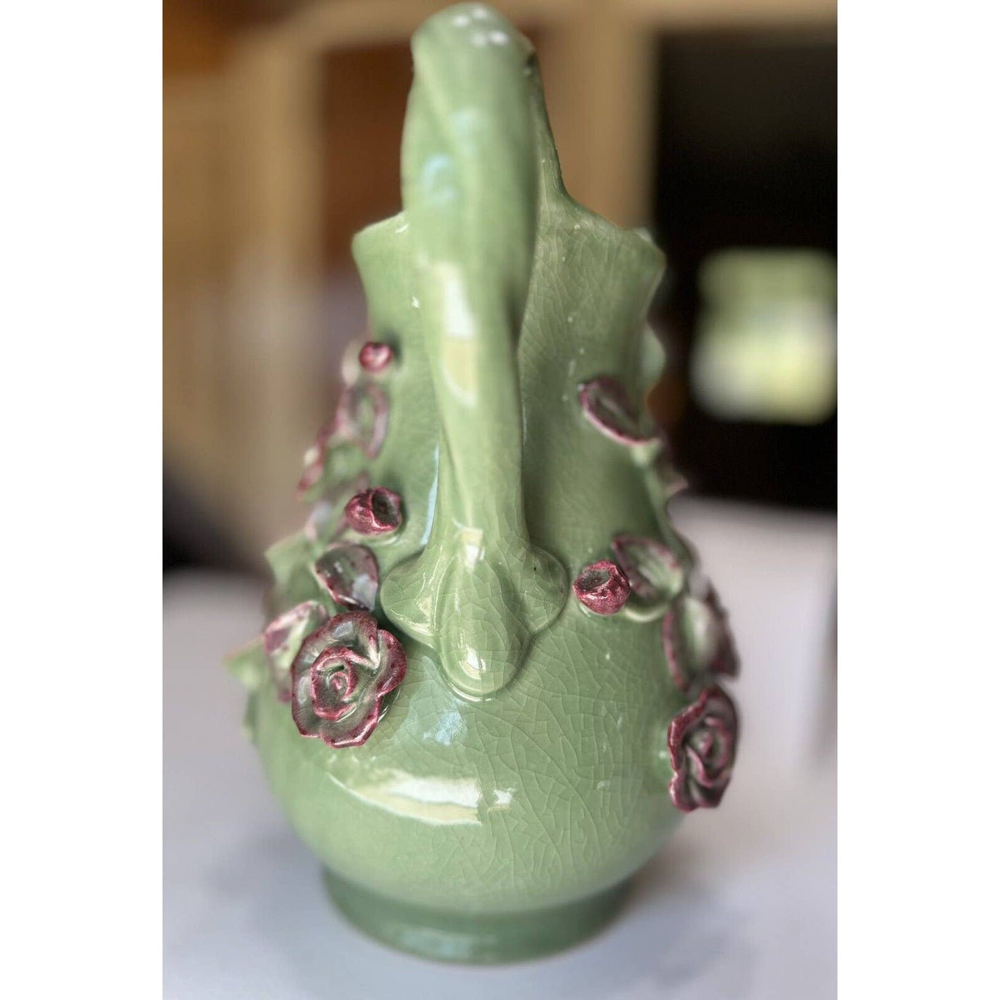 UnknownLarge Crackle Glazed Ceramic Green And Pink Floral Decorative Pitcher - Black Dog Vintage