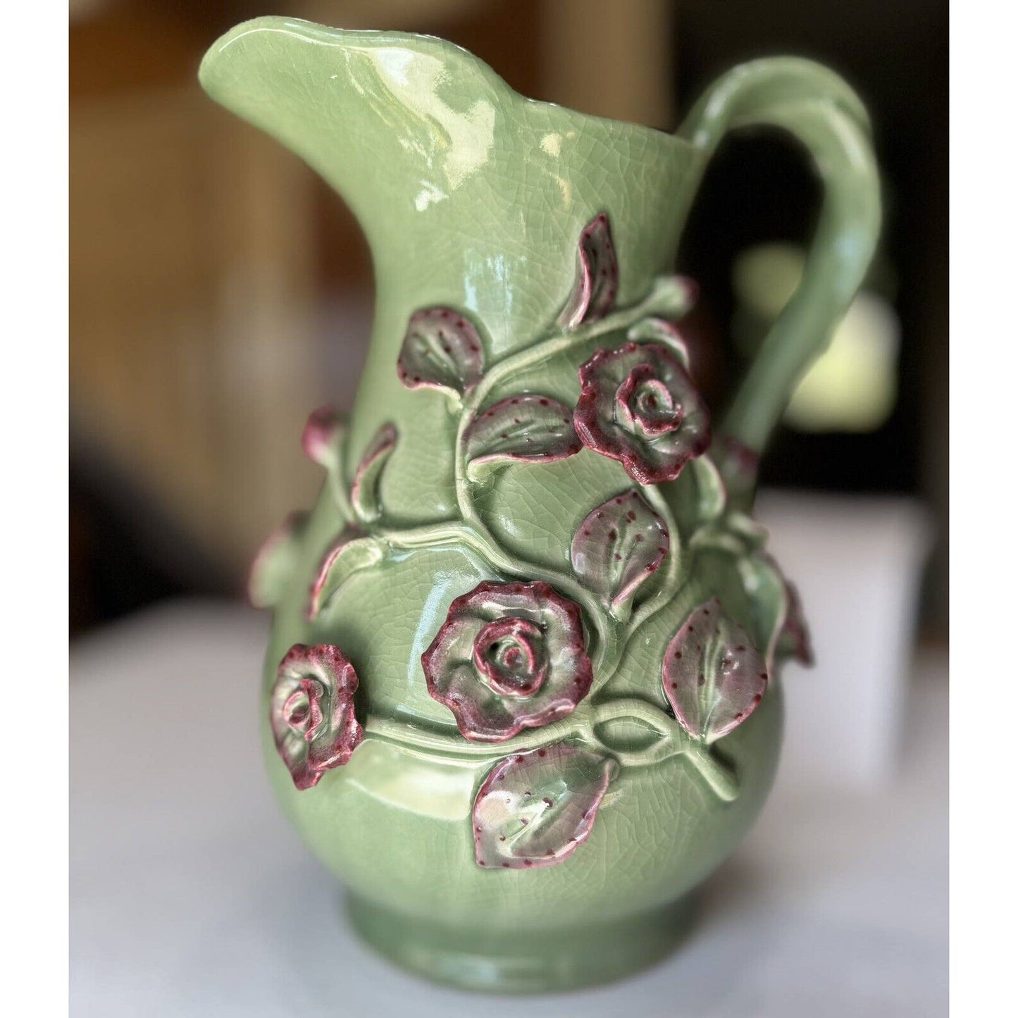 UnknownLarge Crackle Glazed Ceramic Green And Pink Floral Decorative Pitcher - Black Dog Vintage