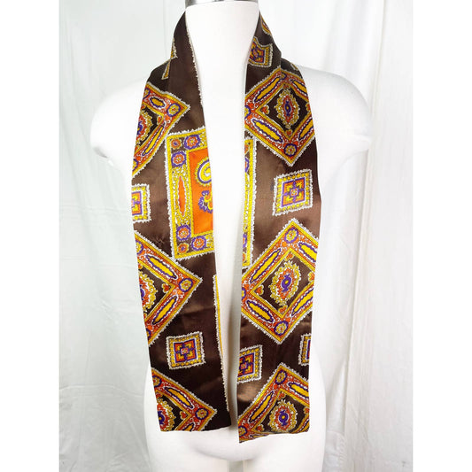 unknownVintage Brown Silky Retro Patterned Twilly Scarf - Handbag Scarf - Black Dog Vintage