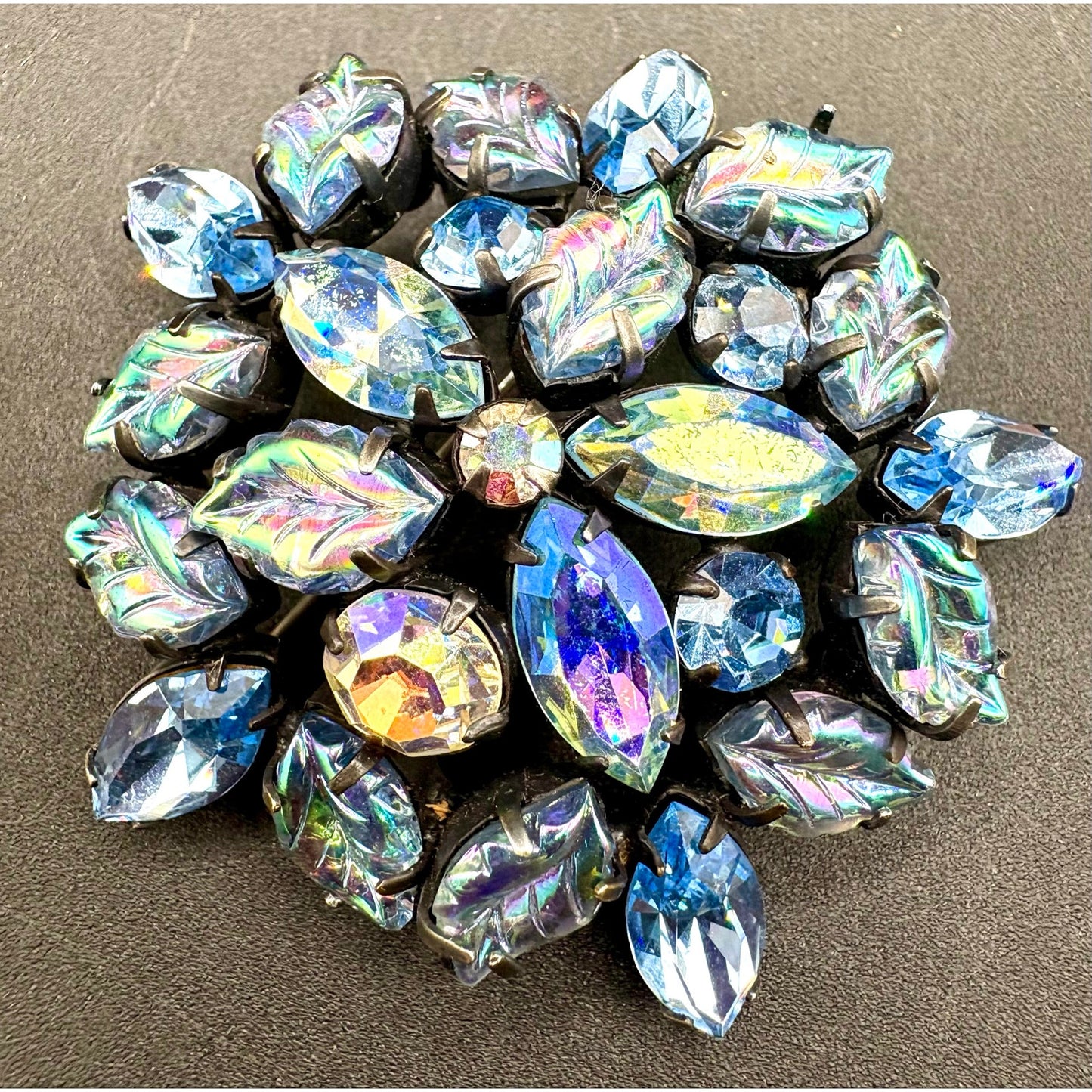 Vintage Regency Blue AB Molded Glass Leaves Brooch and Earrings Set