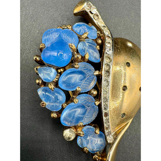 Vintage Crown Trifari Pat Pend Blue Fruit Salad Flora Leaf Fur Clip Alfred Philippe