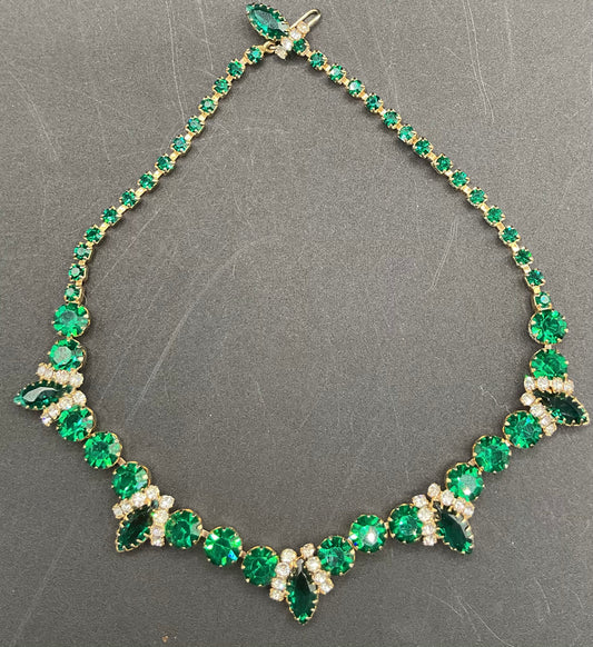 Vintage 1950s Emerald and Clear Rhinestone Necklace
