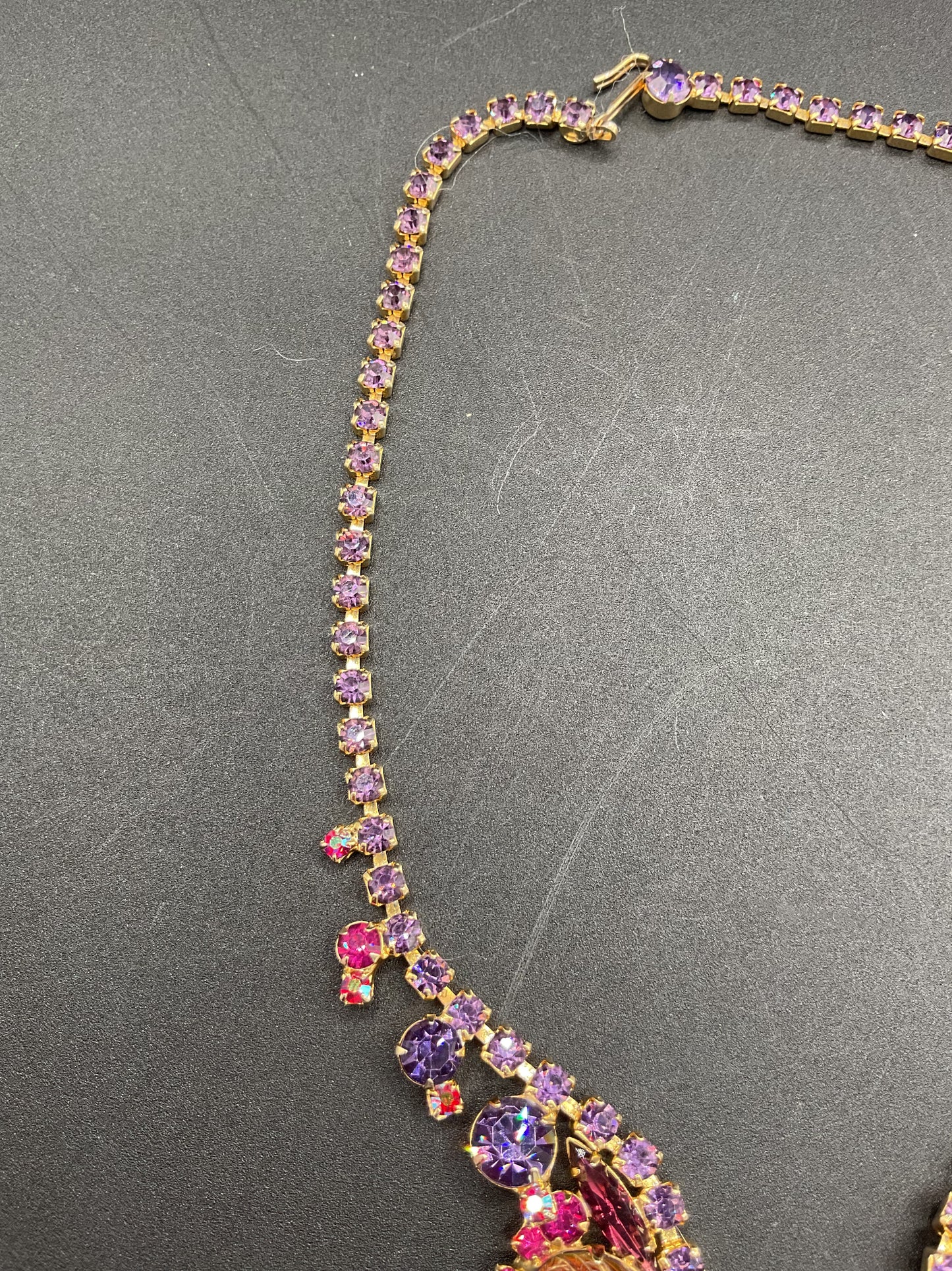 Juliana Pink and Purple Heliotrope Carved Glass Cabochon Rhinestone Necklace