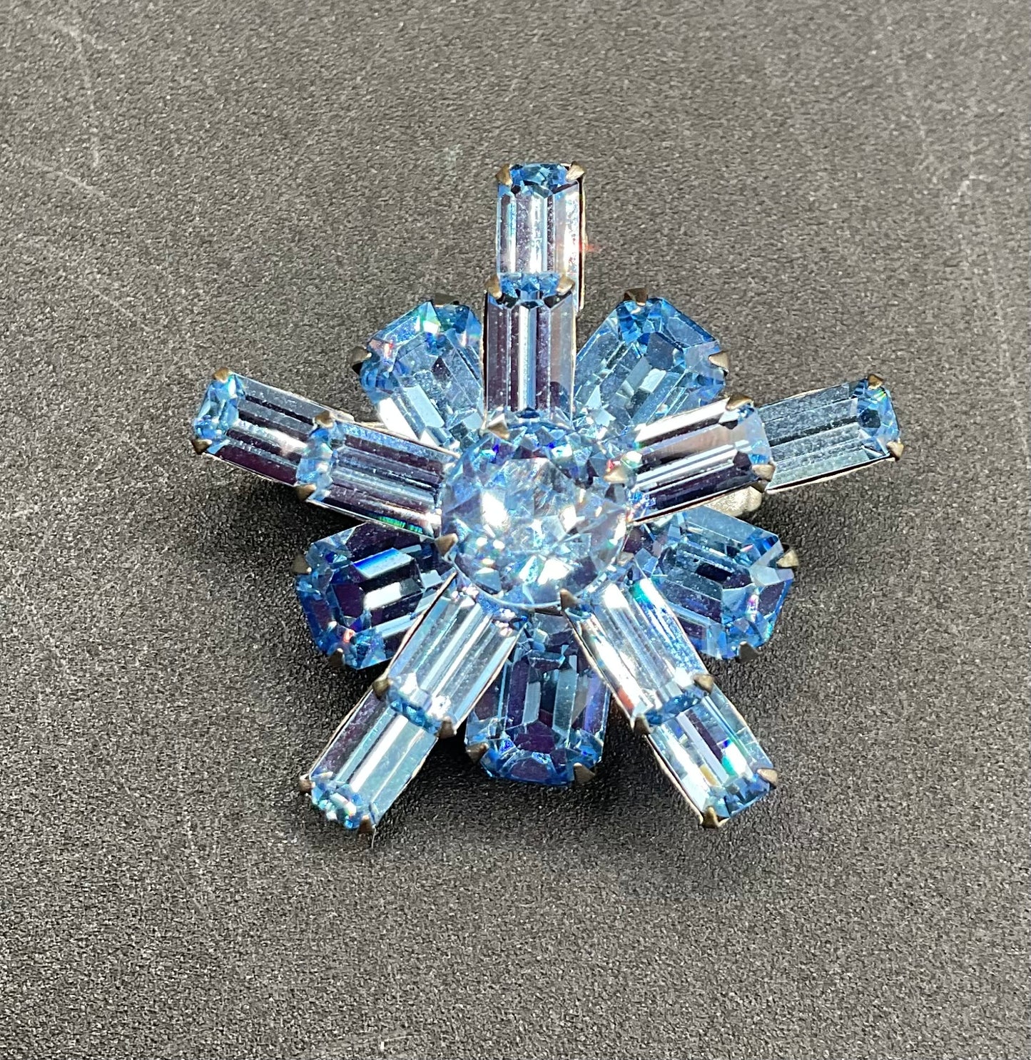 Unsigned 1950s Blue Rhinestone Necklace, Earrings, and Brooch Set