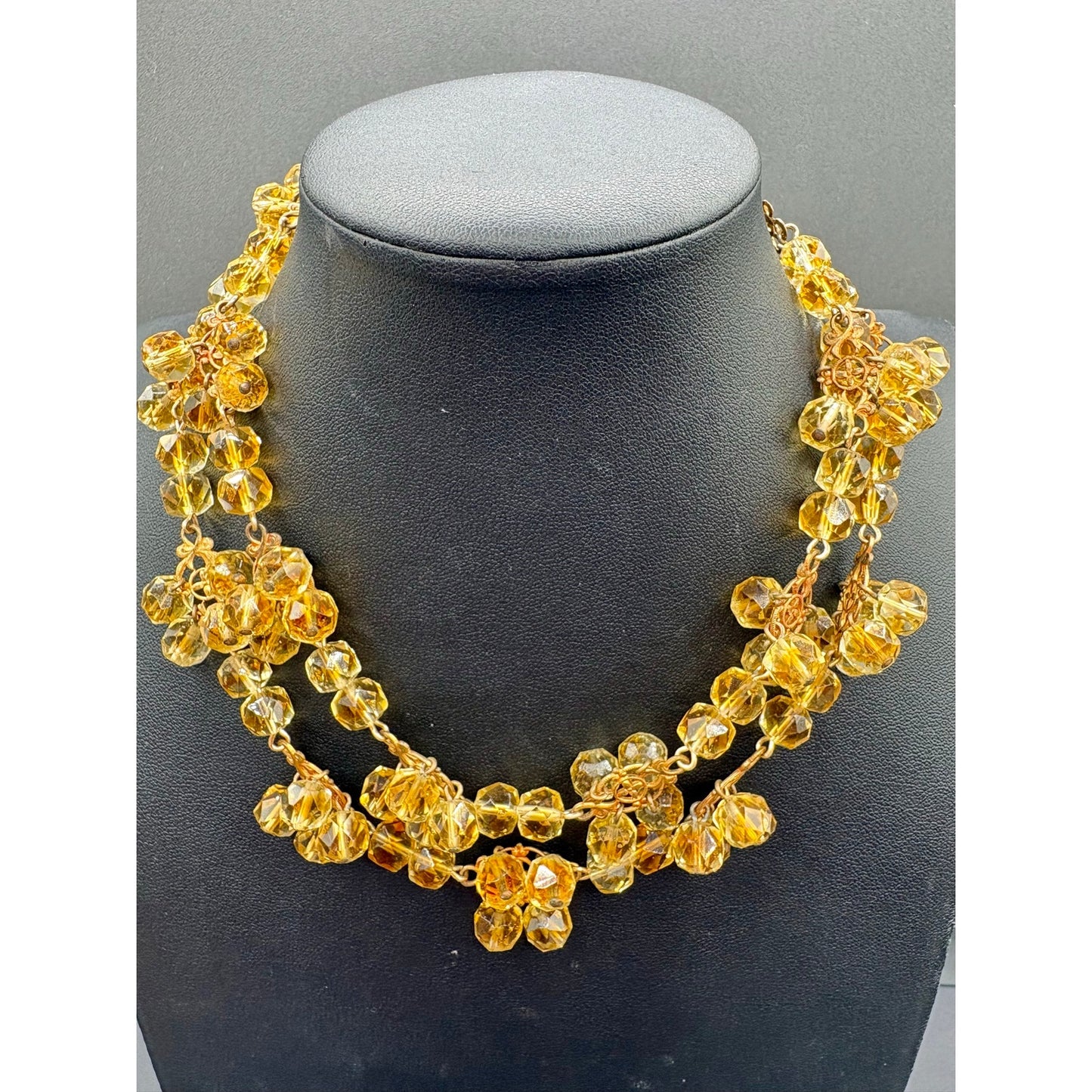 Vintage Made in France Double Strand Yellow Glass Bead Festoon Necklace