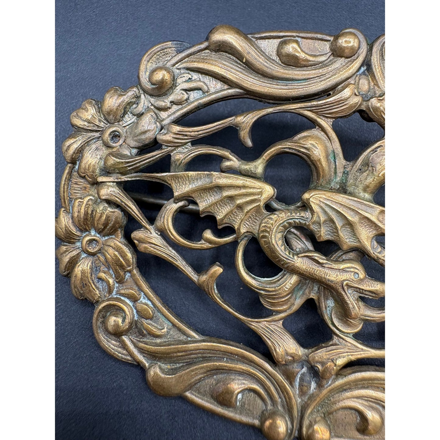 Antique Victorian Art Nouveau Dragon Bee Sash Pin Large Ornate Brass Brooch 3”