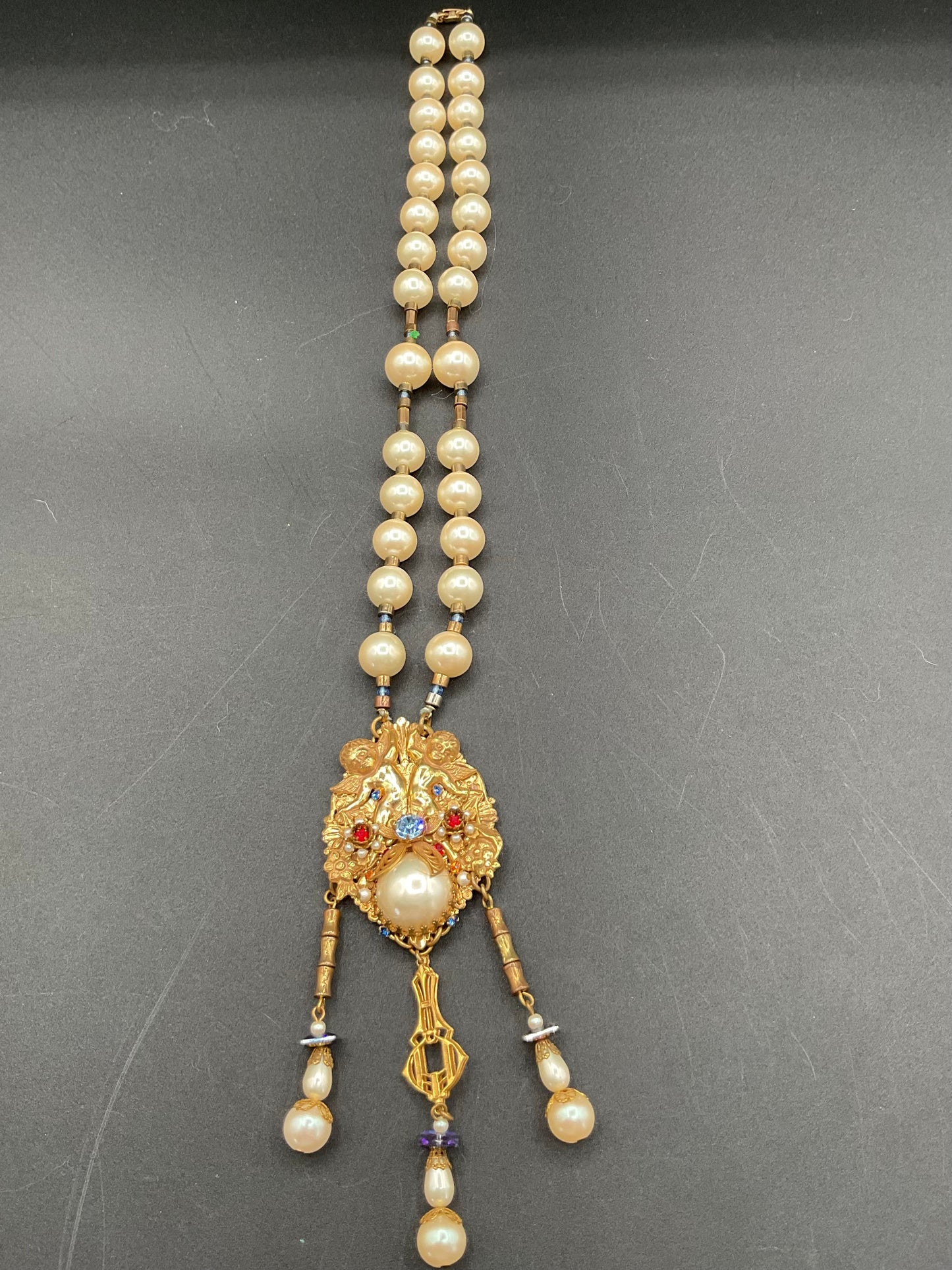 Rare Thelma Deutsch Pearl and Rhinestone Necklace with Cherub Pendant