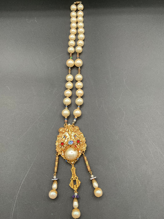 Rare Thelma Deutsch Pearl and Rhinestone Necklace with Cherub Pendant