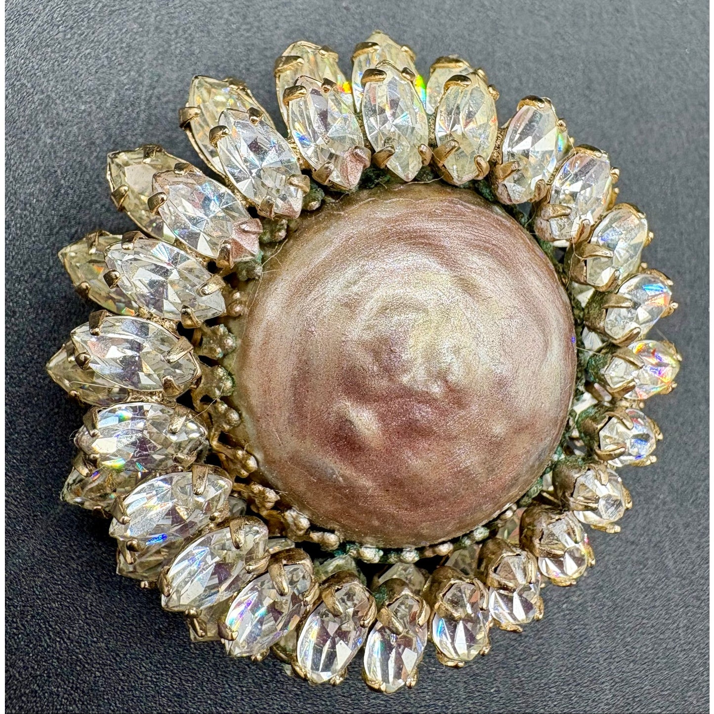Vintage SCHREINER NY Brooch Rhinestone Pearl Cabochon Dimensional Signed 1.75”