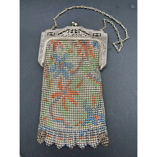 Antique Whiting & Davis Enamel Mesh Purse Floral Art Deco Flapper Bag