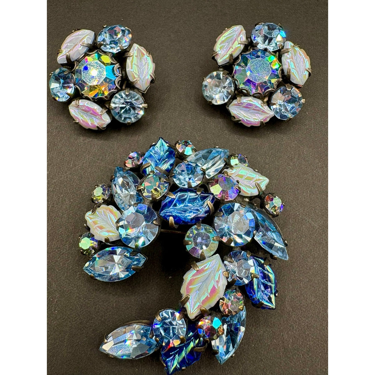 Vintage Signed Regency Blue AB Rhinestone Molded Glass Leaf Brooch Earrings Set