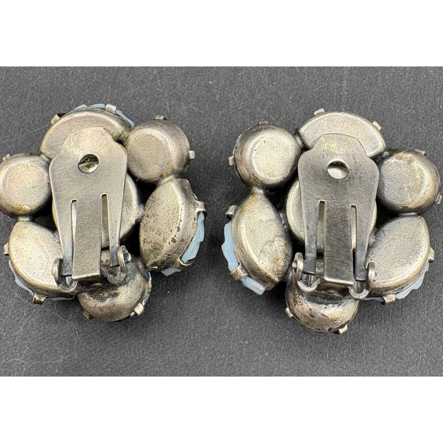 Vintage Signed Regency Blue AB Rhinestone Molded Glass Leaf Brooch Earrings Set