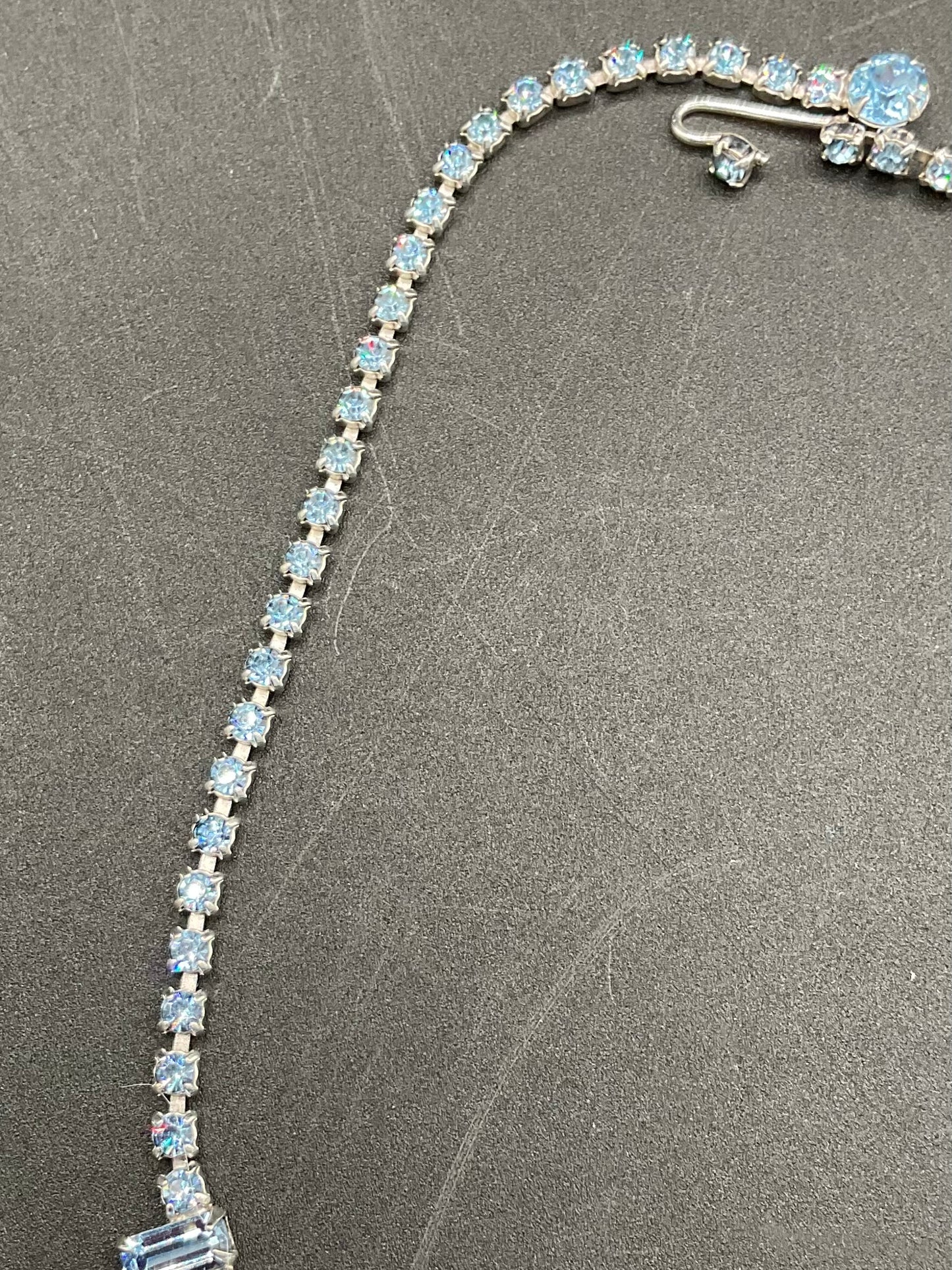 Unsigned 1950s Blue Rhinestone Necklace, Earrings, and Brooch Set