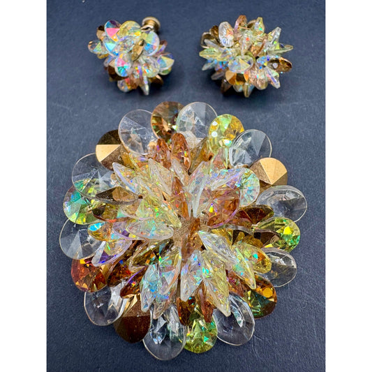 Vintage Vendome AB Crystal Cluster Brooch And Earrings Set