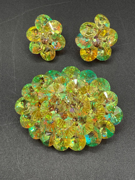 Chartreuse green faceted glass gem rhinestone AB pin and clip earring set vintage