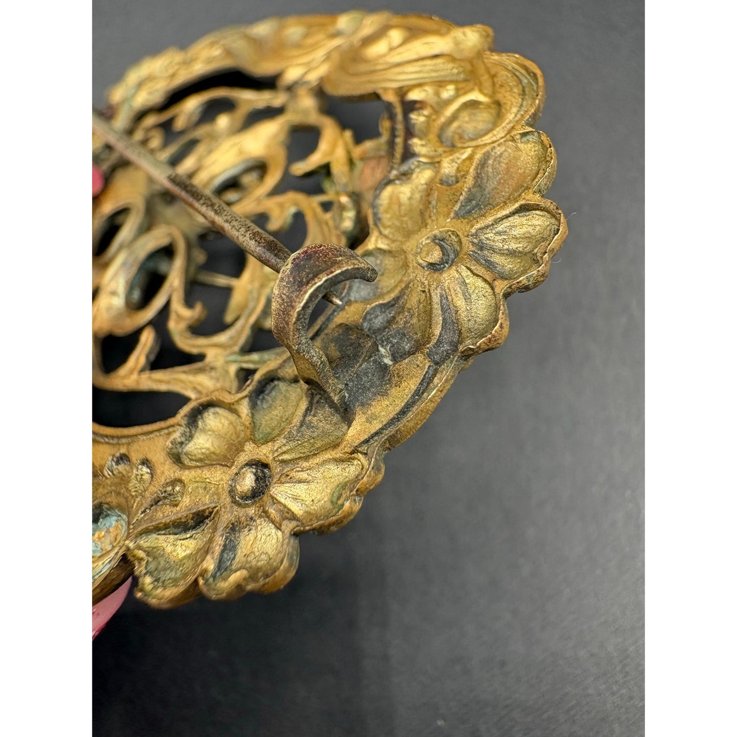 Antique Victorian Art Nouveau Dragon Bee Sash Pin Large Ornate Brass Brooch 3”
