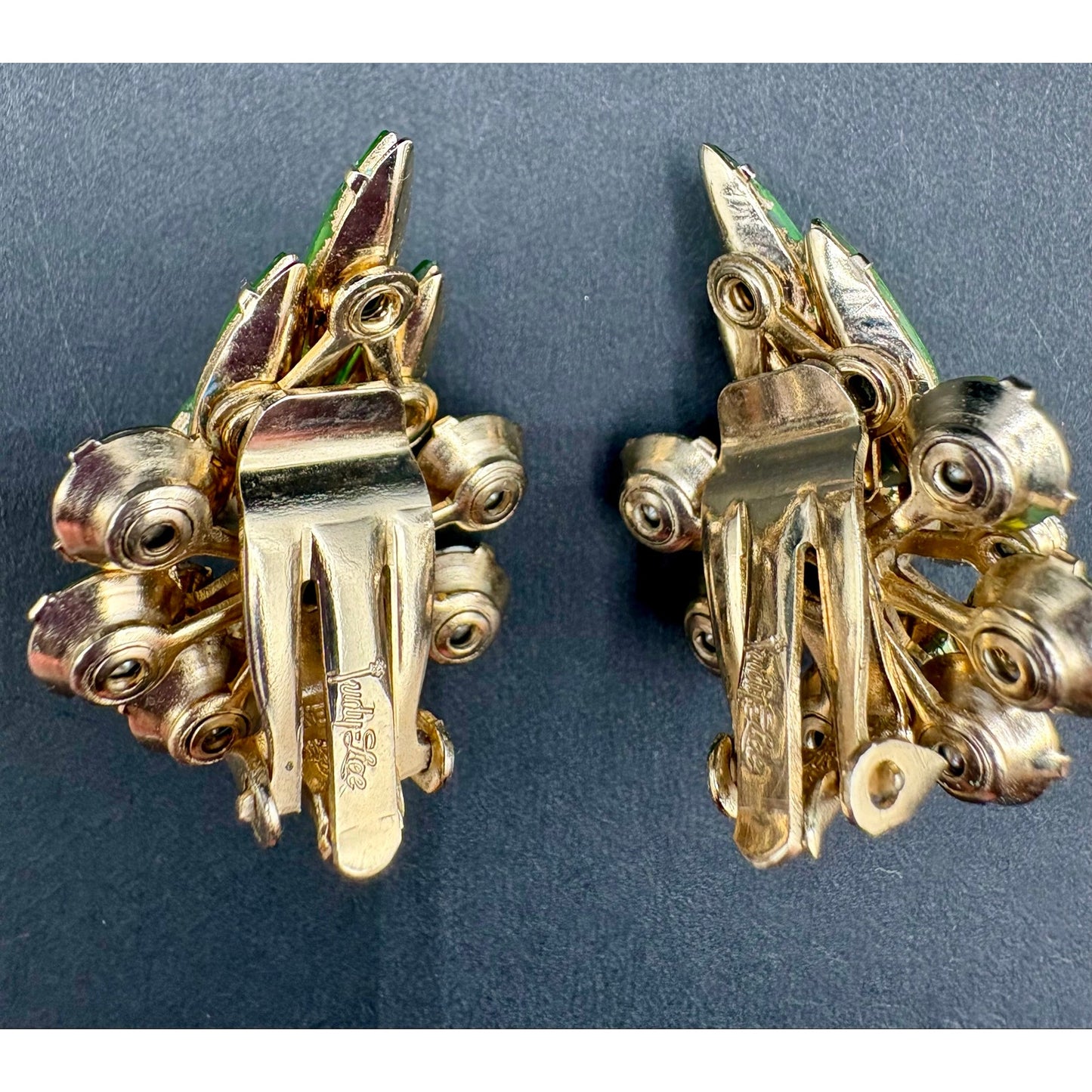 Vintage Judy Lee Green AB Rhinestone Brooch Earrings Set Signed
