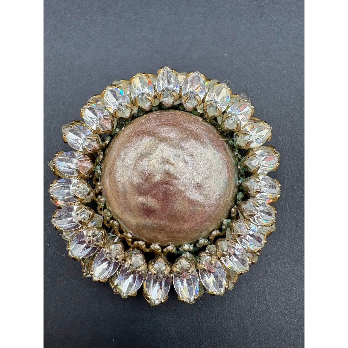 ⁠VTG Signed Schreiner NY Faux Baroque Pearl Clear Rhinestone Brooch Earrings Set⁠