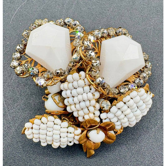 Vintage Original by Robert Milk Glass Seed Bead Rhinestone Floral Brooch