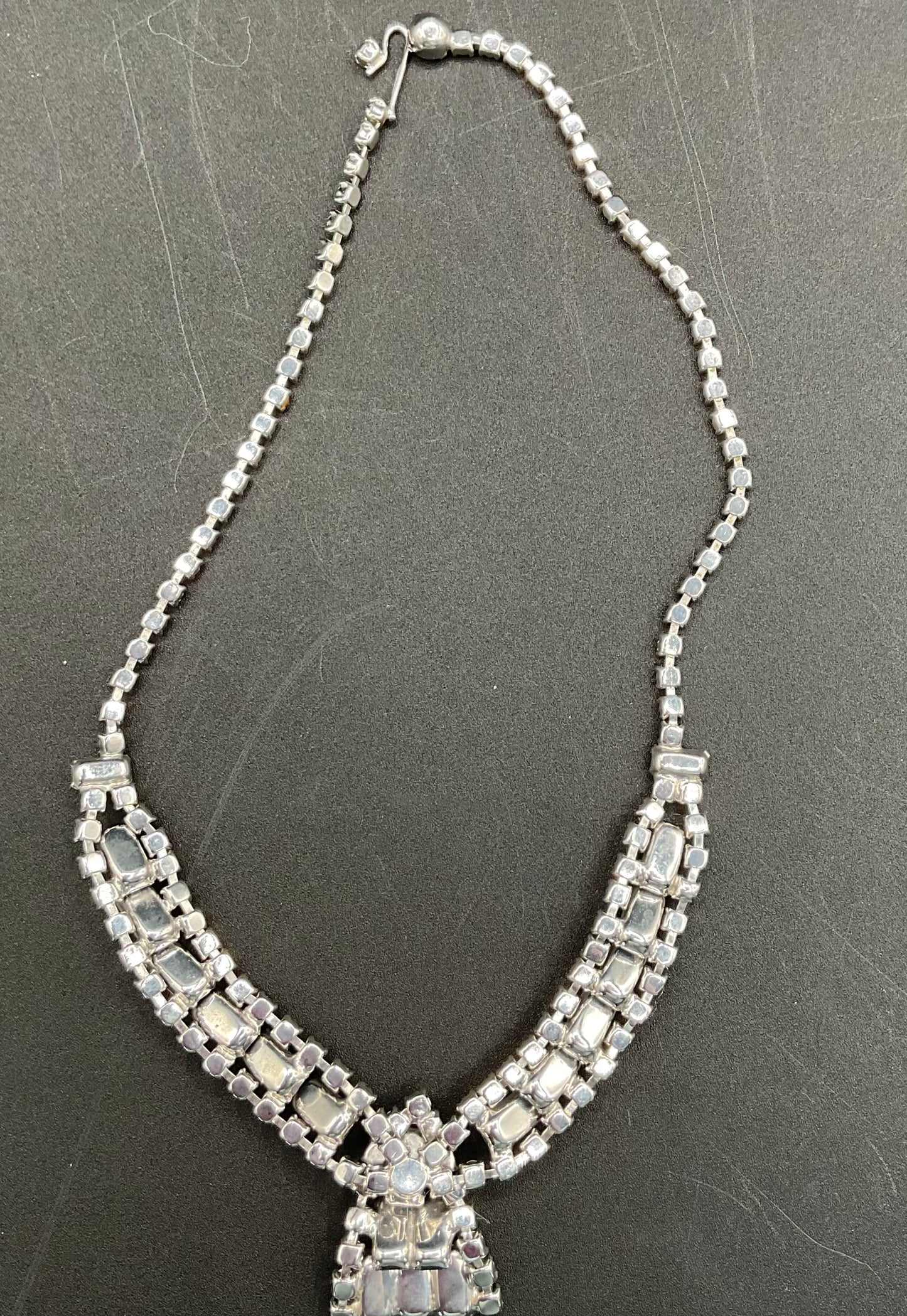 Unsigned 1950s Blue Rhinestone Necklace, Earrings, and Brooch Set