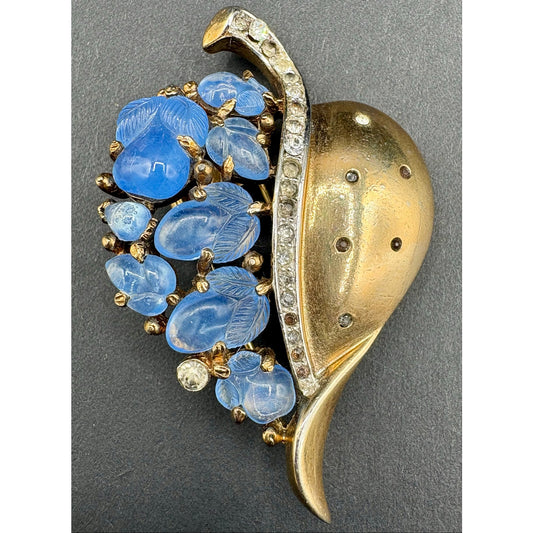 Vintage Crown Trifari Pat Pend Blue Fruit Salad Flora Leaf Fur Clip Alfred Philippe