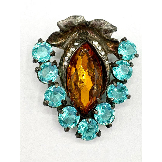 Vintage Pomerantz NYC Art Deco Amber Aqua Rhinestone Dress Clip 2” As Is