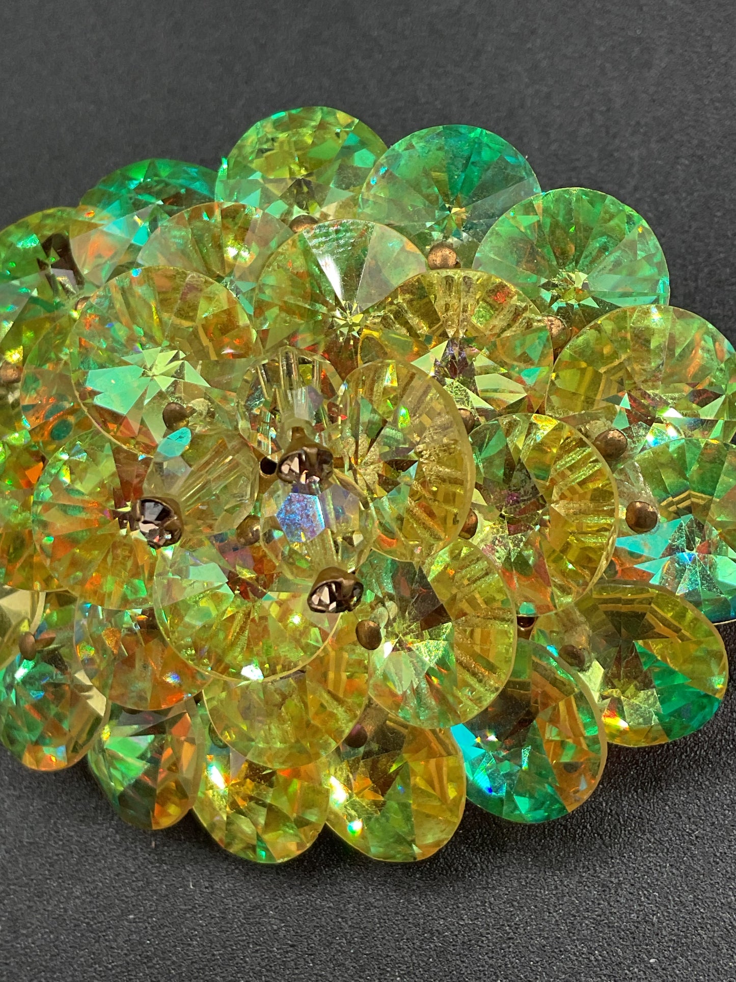 Chartreuse green faceted glass gem rhinestone AB pin and clip earring set vintage