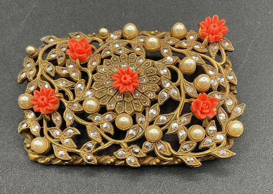 1930s Marcasite Pearl and Coral Celluloid Flower 1930s Gold Tone Brooch