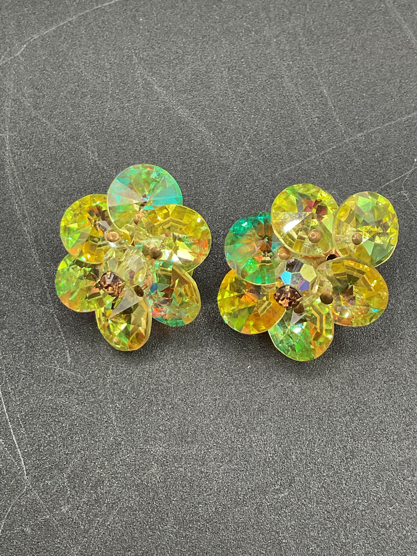 Chartreuse green faceted glass gem rhinestone AB pin and clip earring set vintage