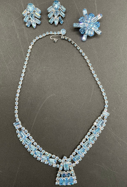 Unsigned 1950s Blue Rhinestone Necklace, Earrings, and Brooch Set