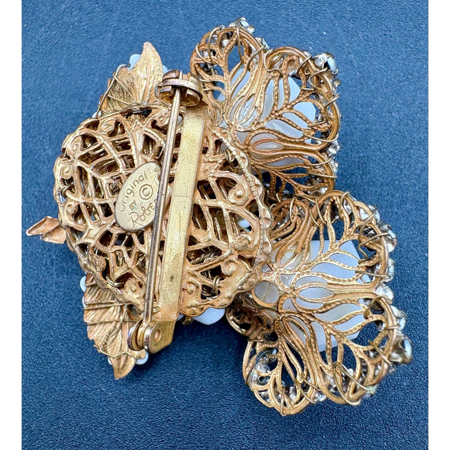 Vintage Original by Robert Milk Glass Seed Bead Rhinestone Floral Brooch