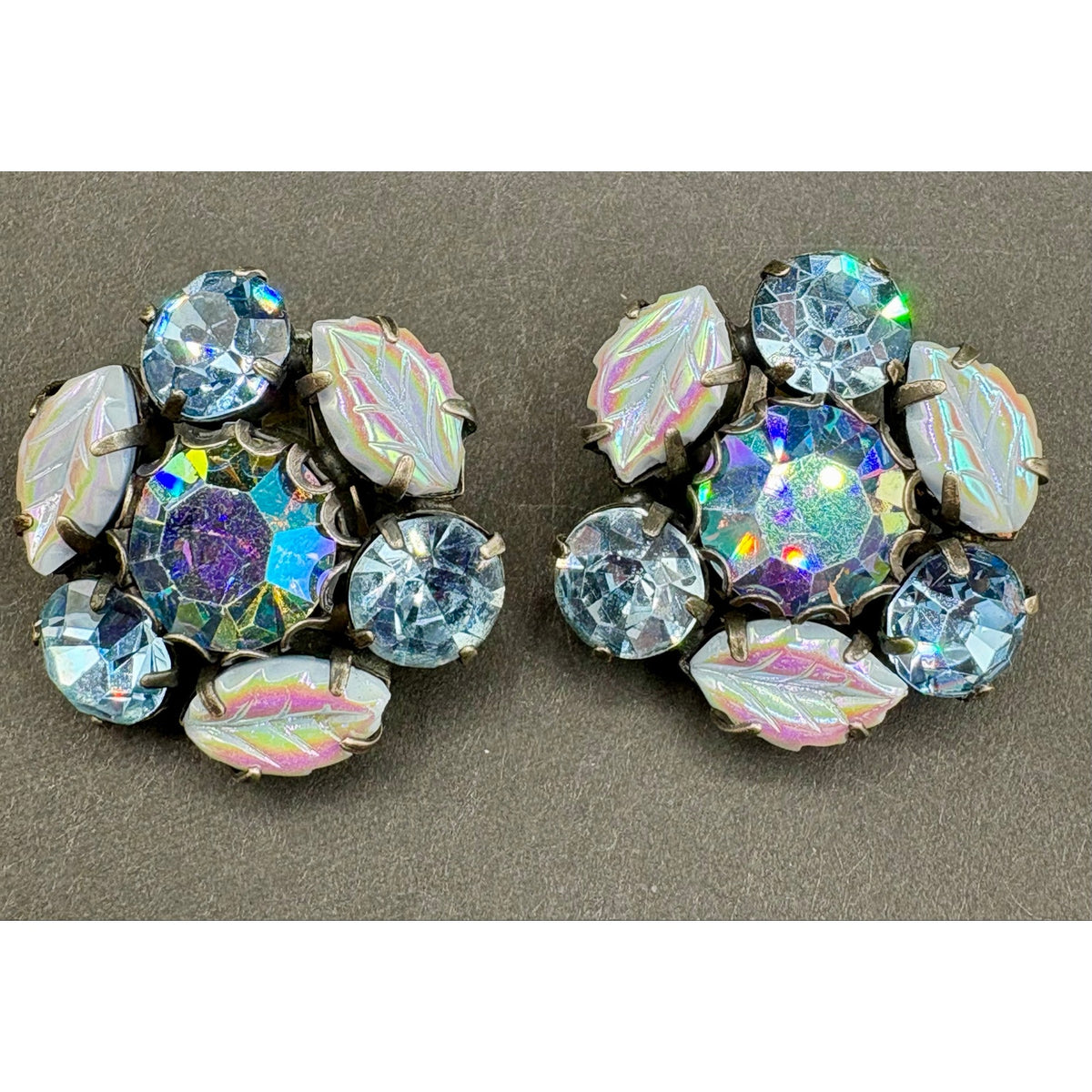 Vintage Signed Regency Blue AB Rhinestone Molded Glass Leaf Brooch Earrings Set