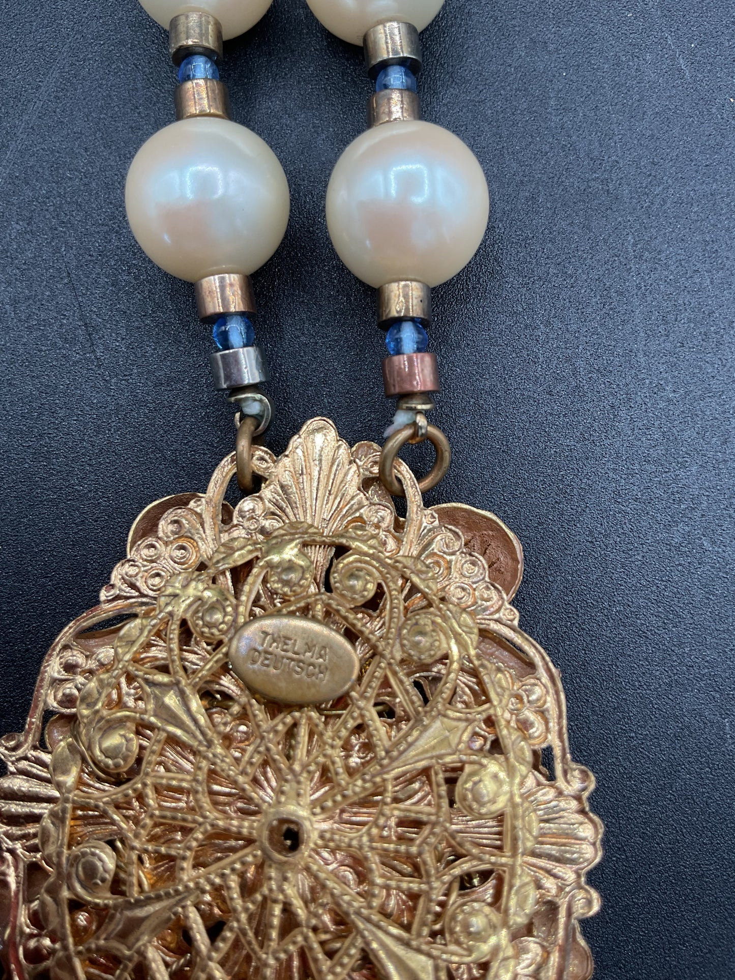 Rare Thelma Deutsch Pearl and Rhinestone Necklace with Cherub Pendant
