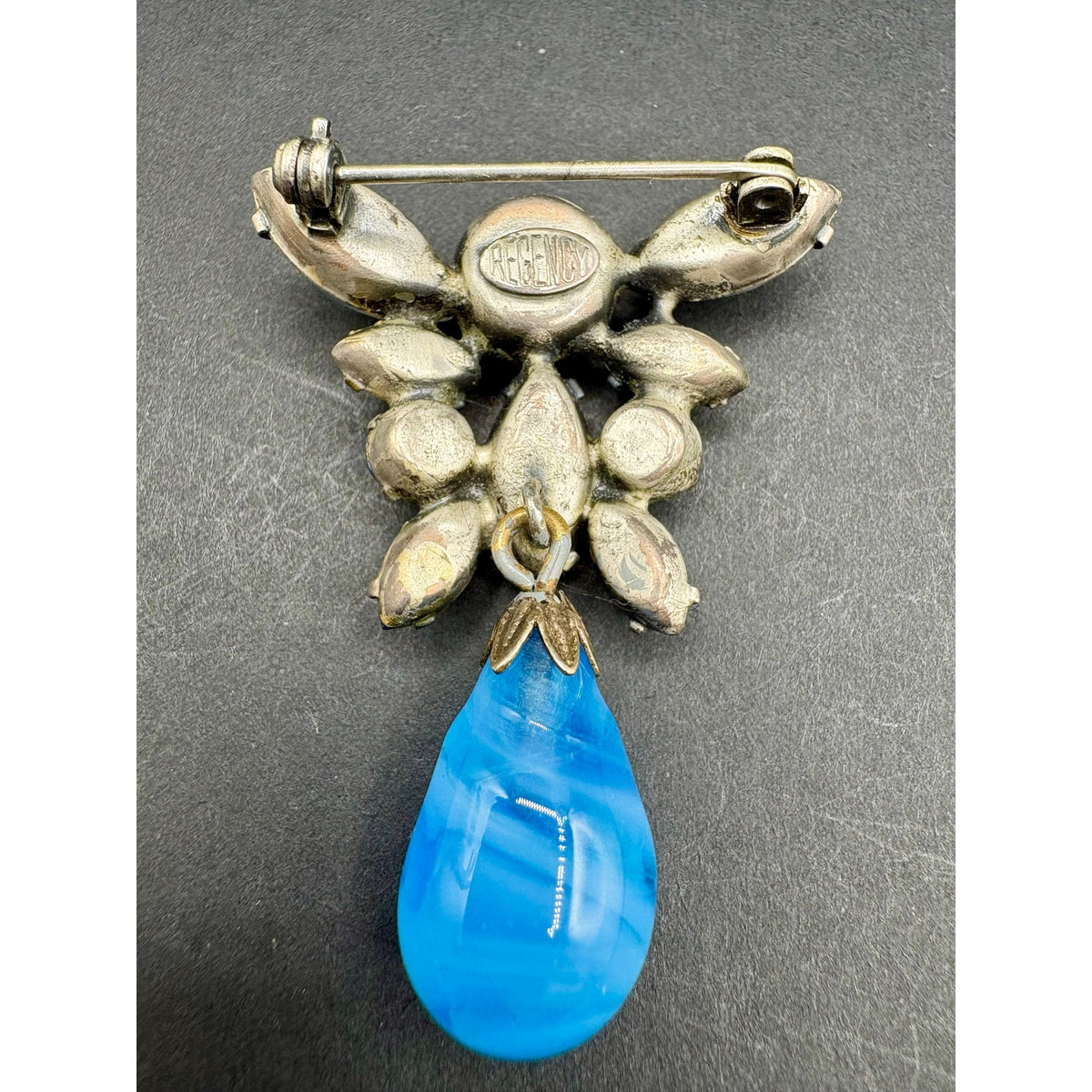 Vintage Signed Regency Blue AB Rhinestone Dangle Brooch