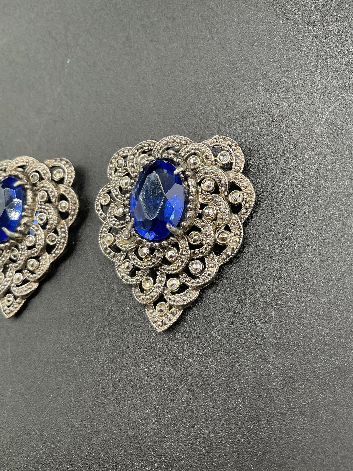 Art Deco Sliver Tone Marcasite Blue Glass Dress Clips