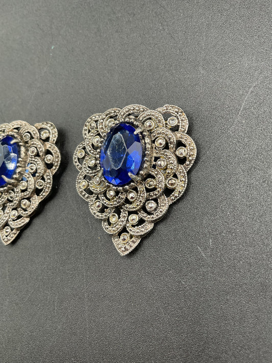 Art Deco Sliver Tone Marcasite Blue Glass Dress Clips