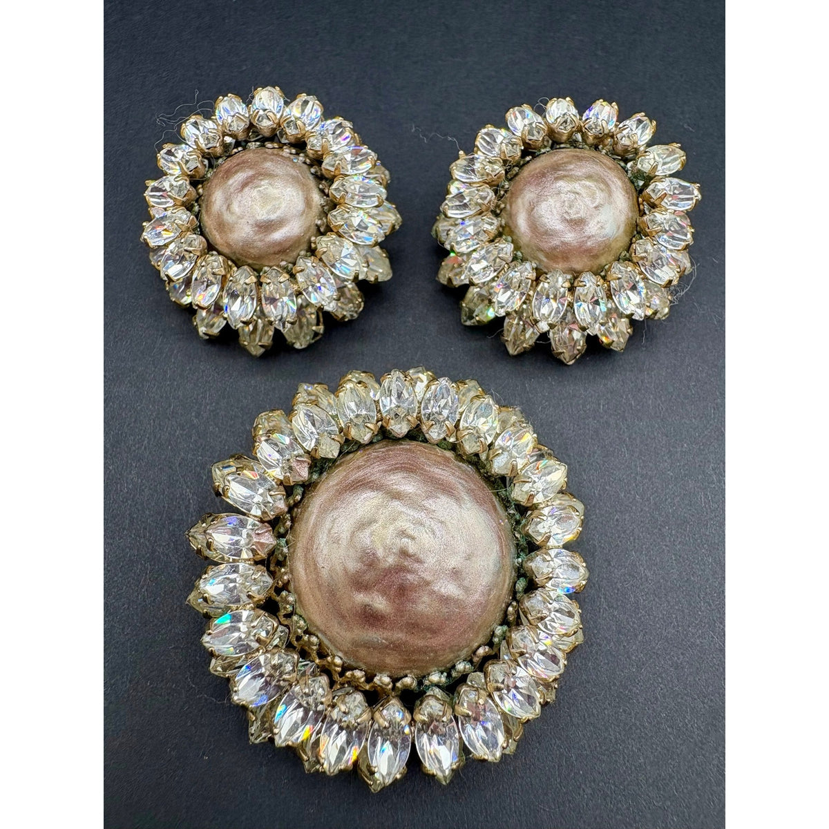 ⁠VTG Signed Schreiner NY Faux Baroque Pearl Clear Rhinestone Brooch Earrings Set⁠