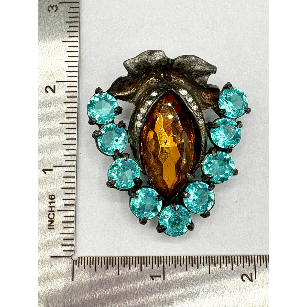 Vintage Pomerantz NYC Art Deco Amber Aqua Rhinestone Dress Clip 2” As Is