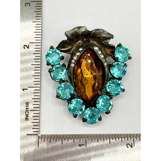 Vintage Pomerantz NYC Art Deco Amber Aqua Rhinestone Dress Clip 2” As Is