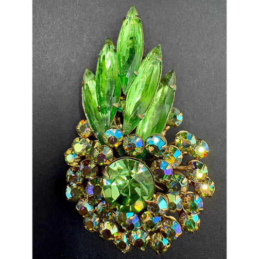Vintage Judy Lee Green AB Rhinestone Brooch Earrings Set Signed