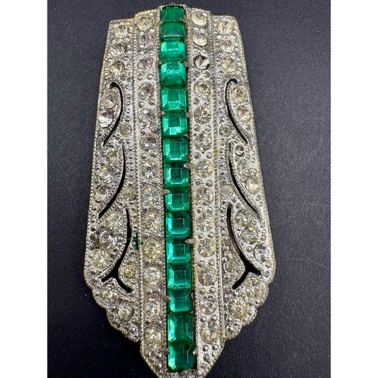 Antique 1930s Art Deco Emerald Green Glass Rhinestone Pot Metal Dress Clip