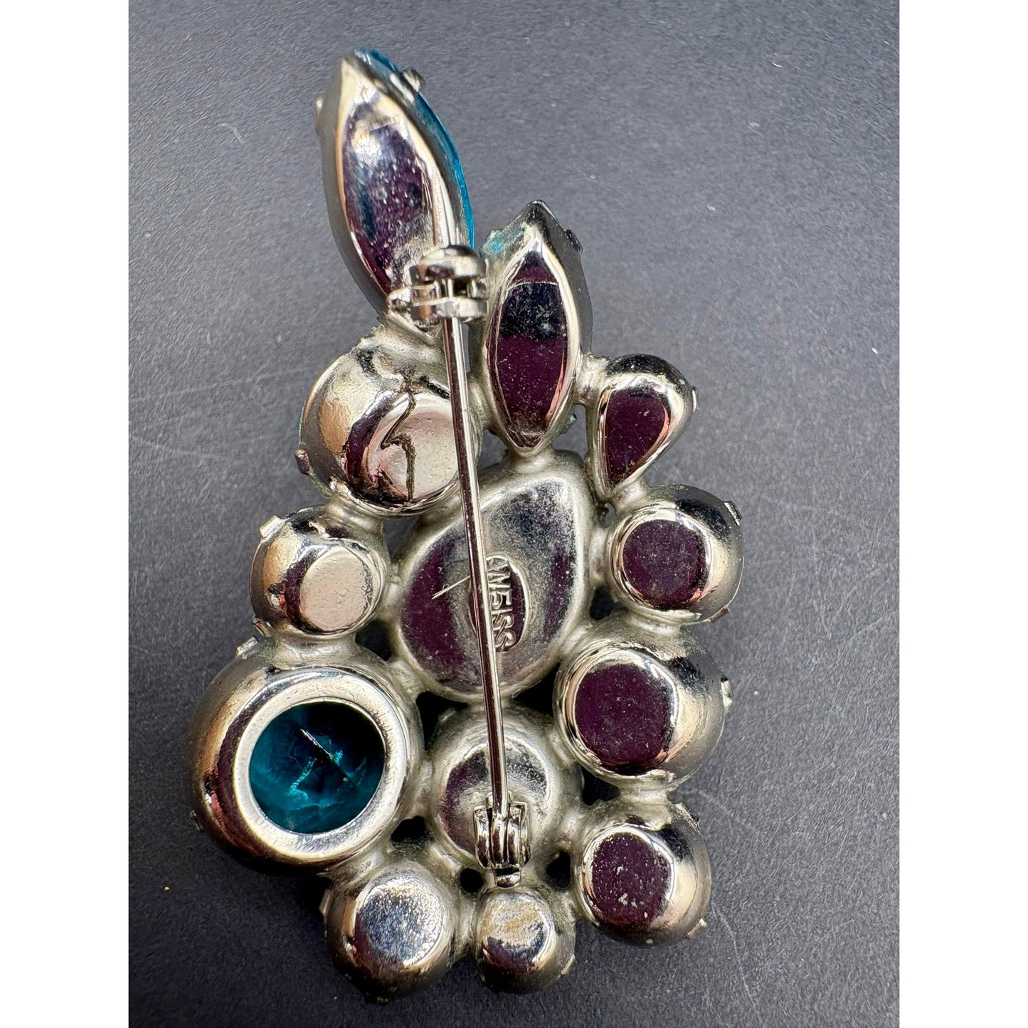 Vintage Signed WEISS Blue Art Glass AB Rhinestone Cluster Brooch Pin 2”