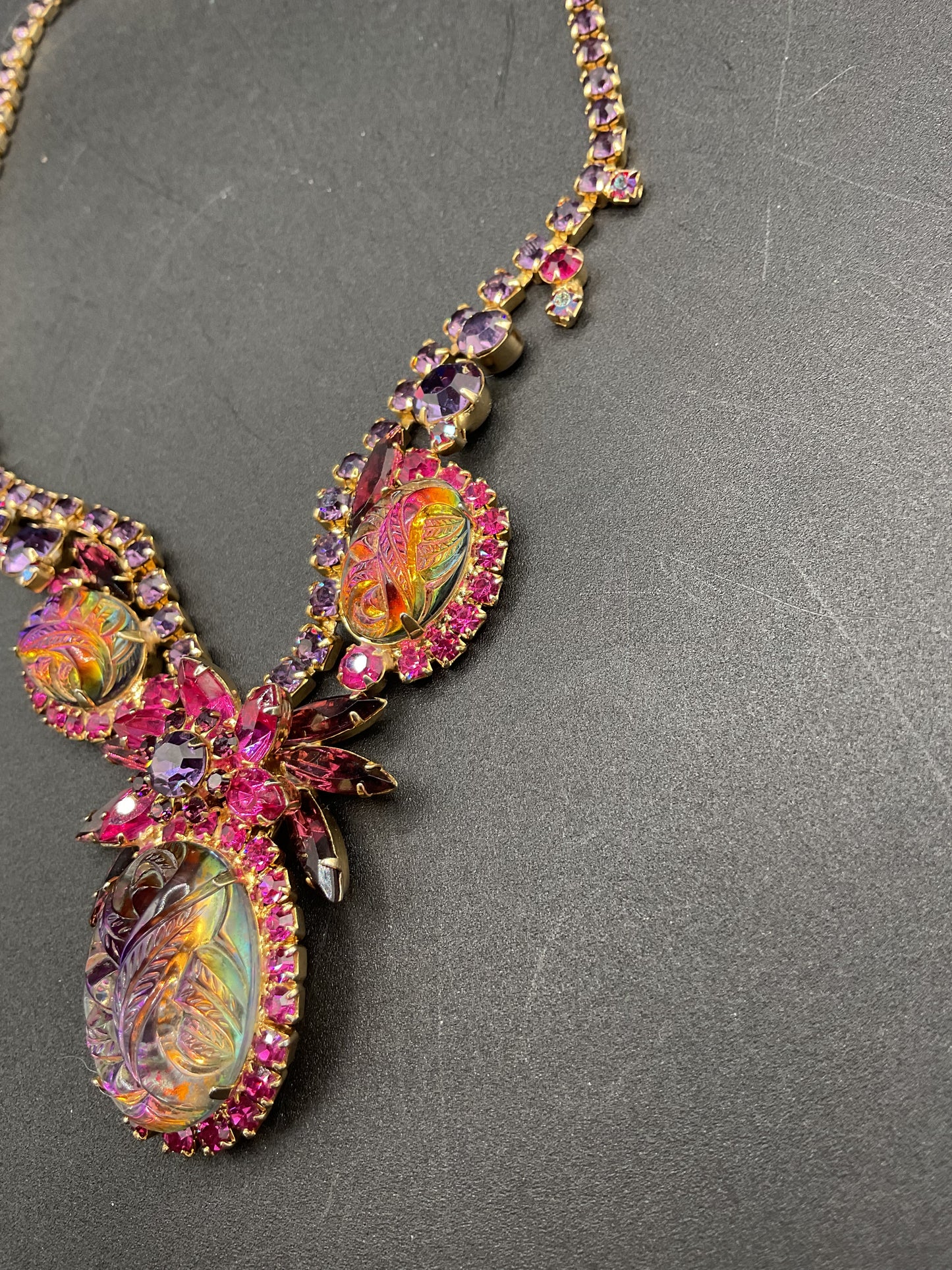 Juliana Pink and Purple Heliotrope Carved Glass Cabochon Rhinestone Necklace