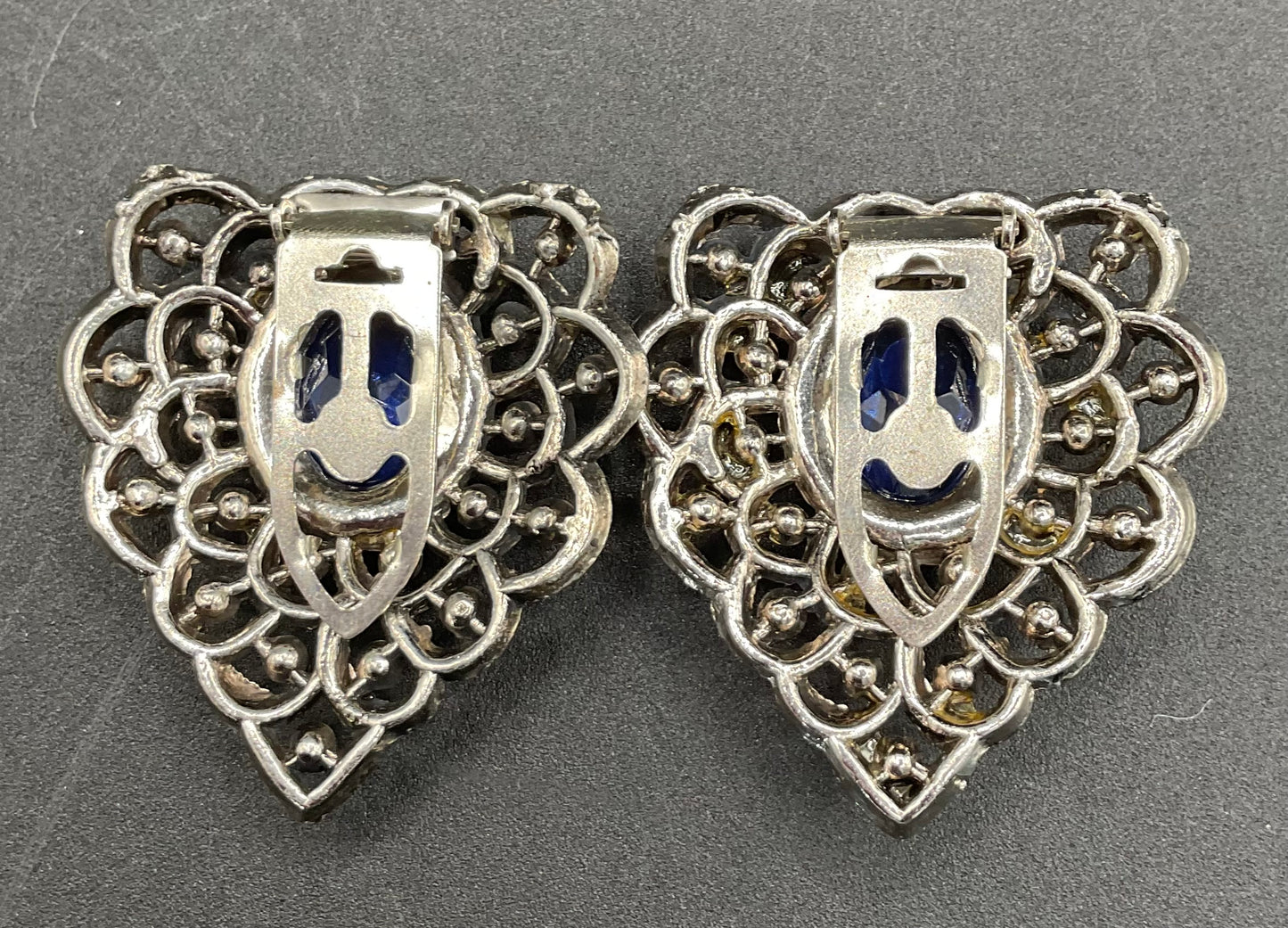 Art Deco Sliver Tone Marcasite Blue Glass Dress Clips