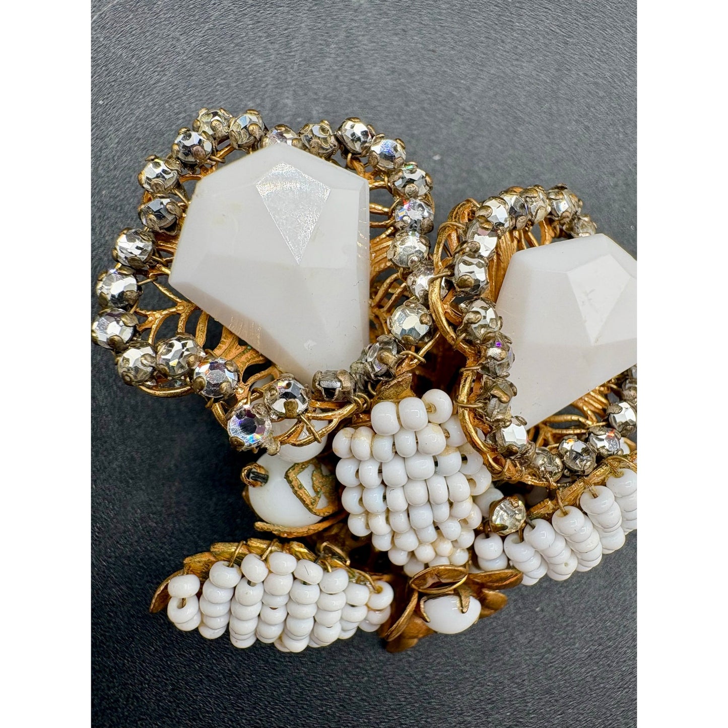 Vintage Original by Robert Milk Glass Seed Bead Rhinestone Floral Brooch