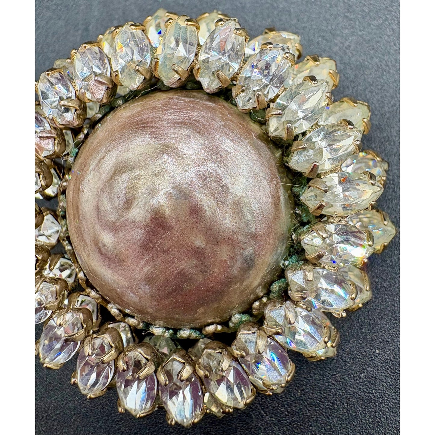 Vintage SCHREINER NY Brooch Rhinestone Pearl Cabochon Dimensional Signed 1.75”