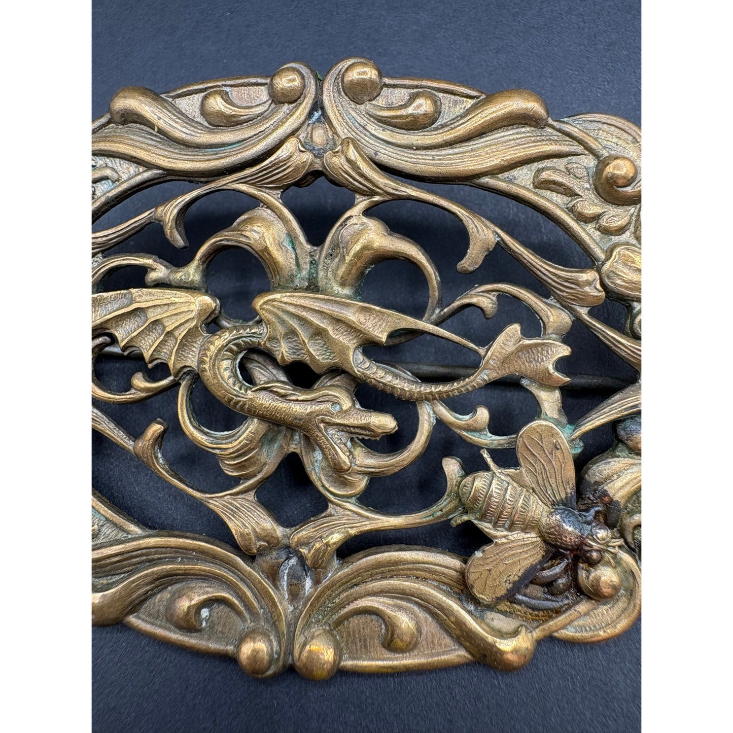 Antique Victorian Art Nouveau Dragon Bee Sash Pin Large Ornate Brass Brooch 3”