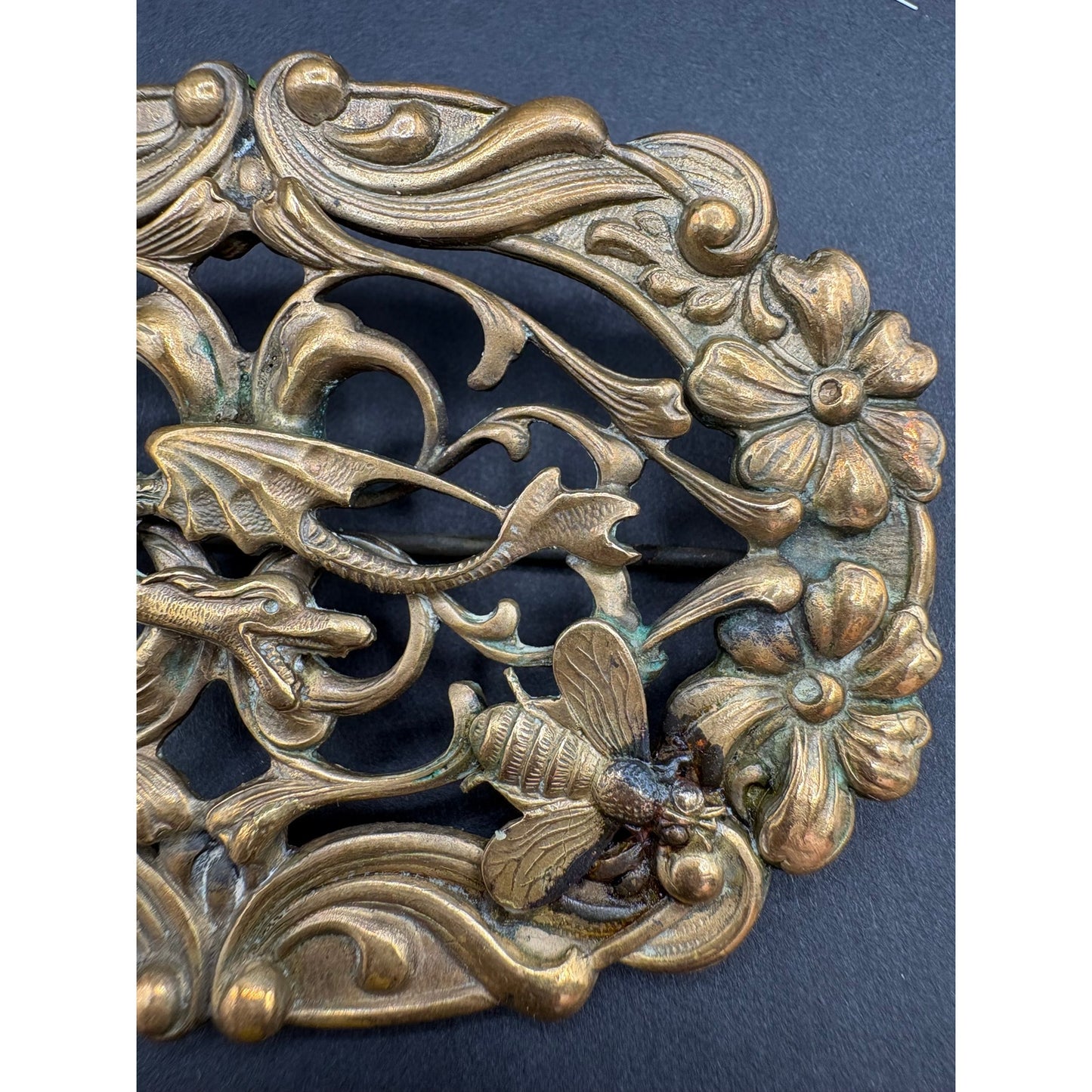 Antique Victorian Art Nouveau Dragon Bee Sash Pin Large Ornate Brass Brooch 3”