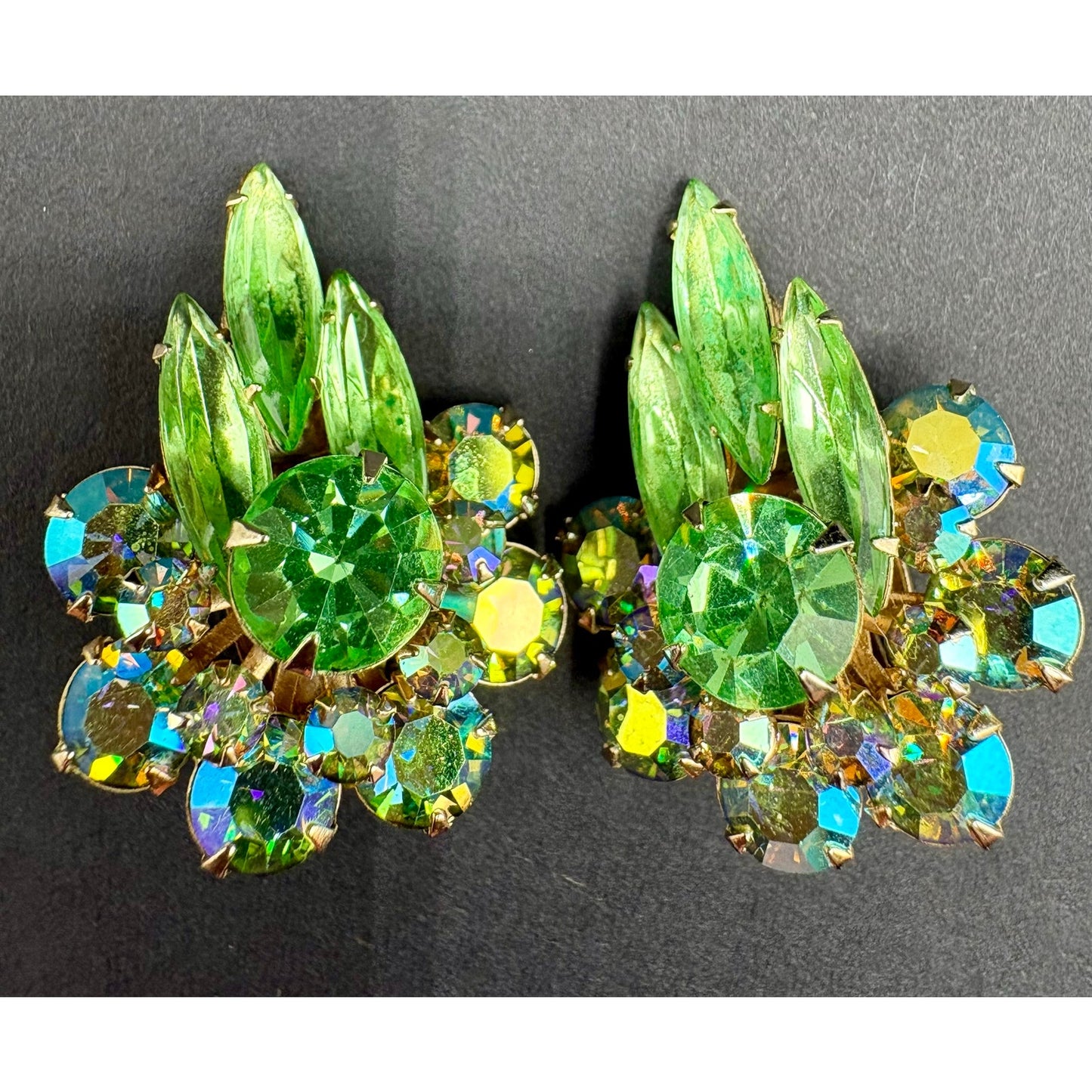 Vintage Judy Lee Green AB Rhinestone Brooch Earrings Set Signed